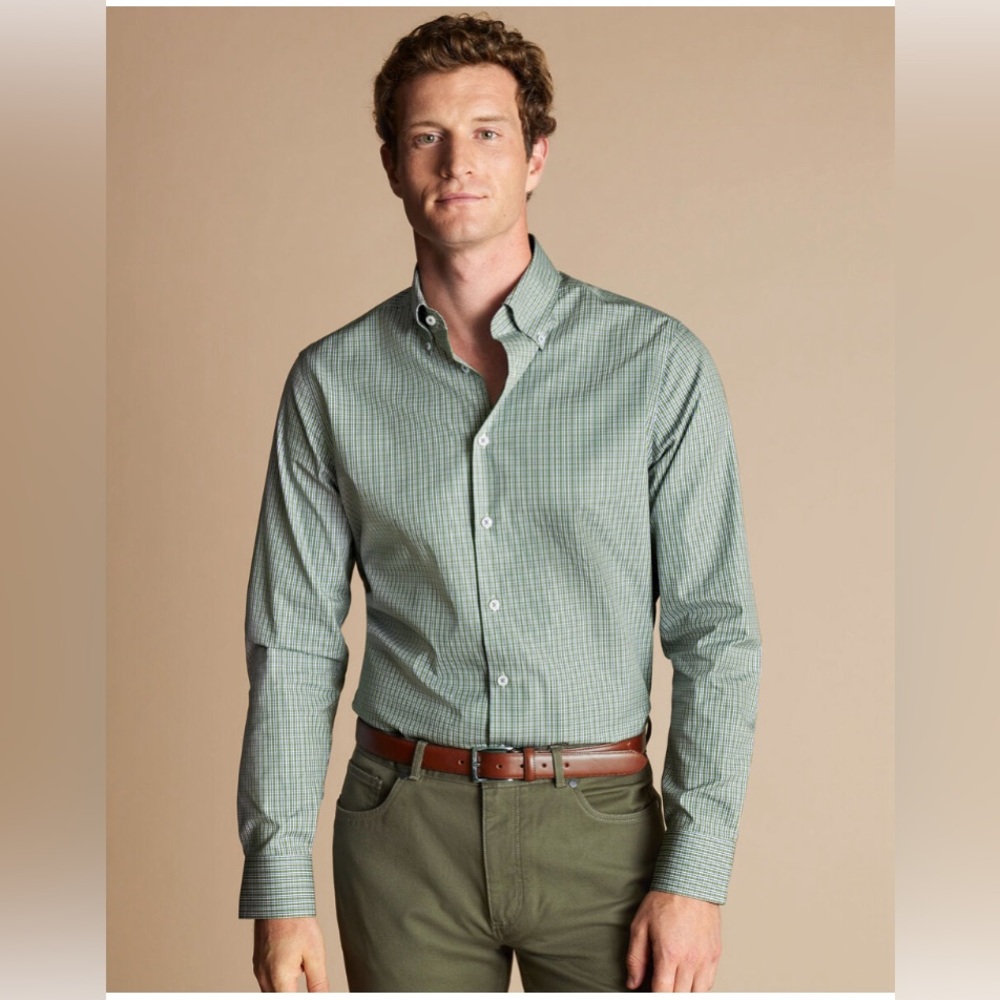 NWT Mens Charles Tyrwhitt Button-Down Collar Non-Iron Check Oxford Shirt - Green